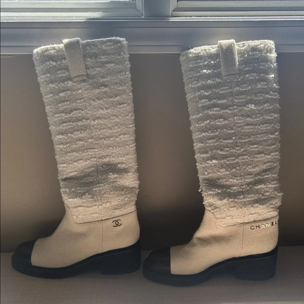 CHANEL Cream and Black Tweed Knee Boots